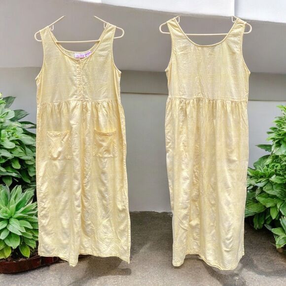 Vtg SITA Butter Yellow Sundress M 100% Cotton Made in Nepal Plaid Texture Pocket - Picture 1 of 16